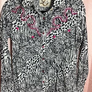 Animal Print Button-Up Shirt with Pink Accents
